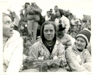 Three Cal Poly Rose Float members at the Rose Parade in 1978.