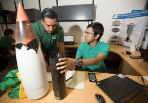 Jairo Sanchez and Vishal Barkataki at work at the Liquid Rocket Lab.