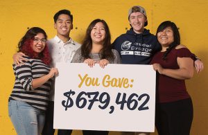 Cal Poly Pomona students holding a sign that says "You gave $679,462."