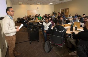 Saul Ramirez talks about financial aid to Project Success students at Cal Poly Pomona.