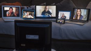 Multiple devices with people on the screens