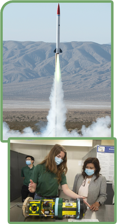 Rocket test launch and a student shows Congresswoman Norma Torres parts of a rocket