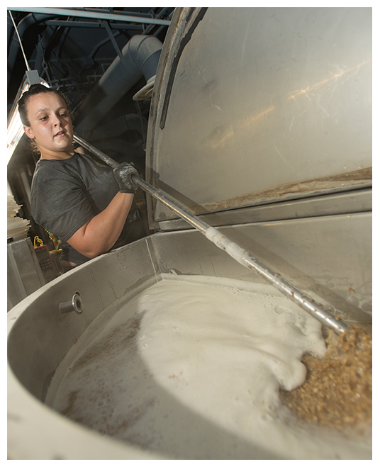A worker mixing hops at the brewery